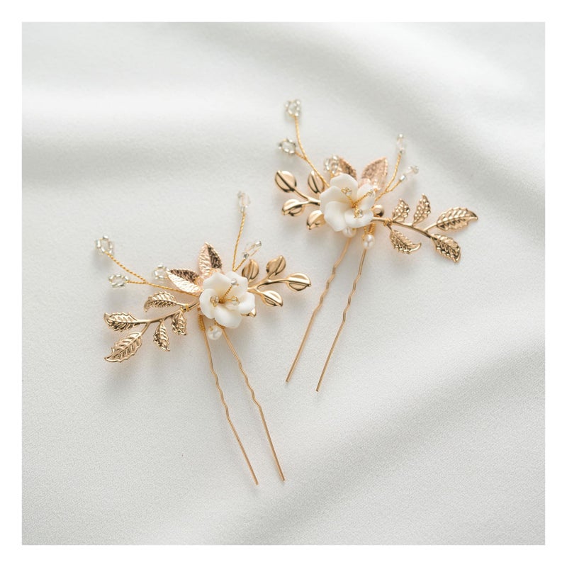 SWEETV 2Pcs Bridal Hair Accessories,Gold Wedding Hair Pins Pieces With White Flowers for Brides - Image 1